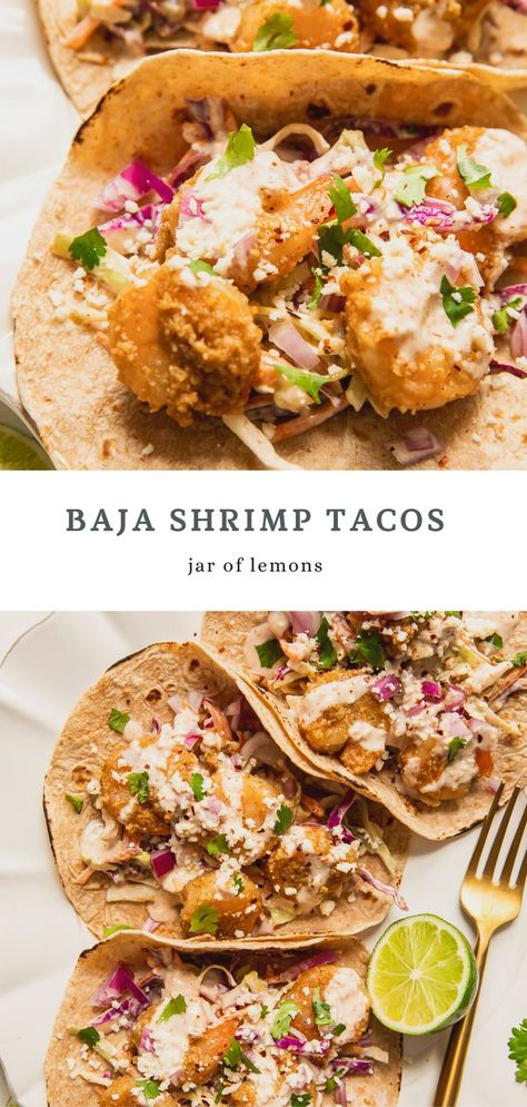 The BEST Baja Shrimp Tacos that are savory, lightly crunchy, full of flavor, spicy to taste, and just SO GOOD! Made with almond flour breaded shrimp, cabbage slaw with a creamy, smoky Baja sauce, fresh cilantro, lime, crunchy red onions, and cotija cheese, all wrapped in a warm whole wheat tortilla. These healthy tacos are perfect for anything, from an easy everyday dinner to a fun summer gathering with friends! Shrimp Cabbage, Slaw For Shrimp Tacos, Shrimp Taco Sauce, Baja Shrimp, Baja Shrimp Tacos, Shrimp Tacos Recipe, Baja Sauce, Street Taco Recipe, Grilled Shrimp Tacos