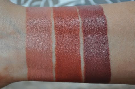 Bare It All 902C: A tawny nude  Sand Storm 913C: A reddish terracotta.  Mocha-licious 914C: A reddened mocha brown. Wet N Wild Lipstick, Sand Storm, Hard Candy Makeup, Wet And Wild, Elf Makeup, Beauty Hair Makeup, High End Makeup, Lipstick Swatches, Makeup To Buy