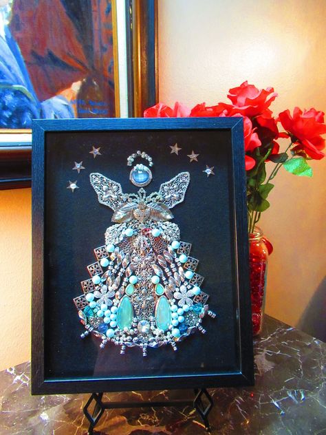 Guardian Angel Vintage to Modern Jewelry Art Wall Hanging Framed 11x14 Shadowbox - Etsy Canada Silver And Blue Dress, Jeweled Picture, Old Jewelry Crafts, Pumpkin Jewelry, Costume Jewelry Crafts, Jewel Frames, Ribbon Storage, Vintage Jewelry Repurposed, Jeweled Christmas