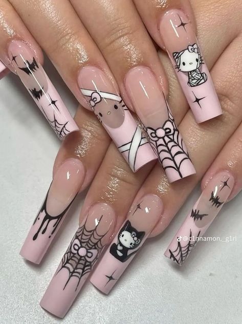 Hello Kitty Halloween Nails, Trash Nails, Monster High Nails, Horror Nails, Holloween Nails, Halloween Acrylic Nails, Punk Nails, Hard Nails, Goth Nails