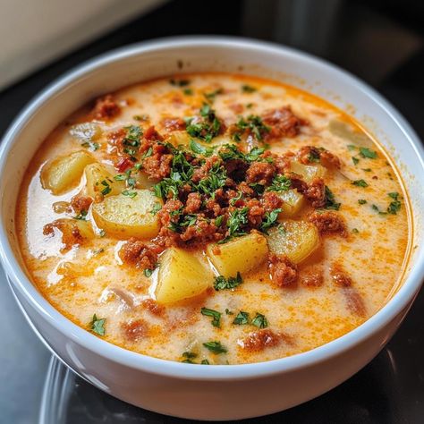 Chorizo and Potato Soup - Naneg Recipes. Mexican Potato Soup Recipes, Nevada Recipes, Sweet Potato Chorizo, Chorizo Recipes Dinner, Soup With Chorizo, Chorizo Potato, Spanish Soup, Mexican Potatoes, Chorizo Soup