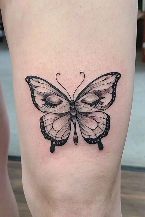 A black and grey, surrealistic butterfly tattoo with human eyes, done by @kristylynneart. Completed with some thicker black lines, dotwork shading, and fine lines! Butterfly Tattoo With Eyes, Butterfly Tattoo Designs Men, Shaded Butterfly Tattoo, Butterfly Tattoo For Women, Back Of Neck Tattoo Men, White Butterfly Tattoo, Skull Butterfly Tattoo, Butterfly Wing Tattoo, Butterfly Neck Tattoo