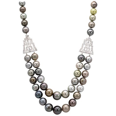 3.38 Carats Diamond and Platinum Clasps on Double Tahitian Pearl Strand 9 - 14 mm Three Strand Pearl Necklace, Glamorous Jewelry, Tiaras Jewellery, Dress Clips, Necklace With Diamonds, Tahitian Pearl Necklace, Pearl Strands Necklace, Pearl Strand, Focal Points