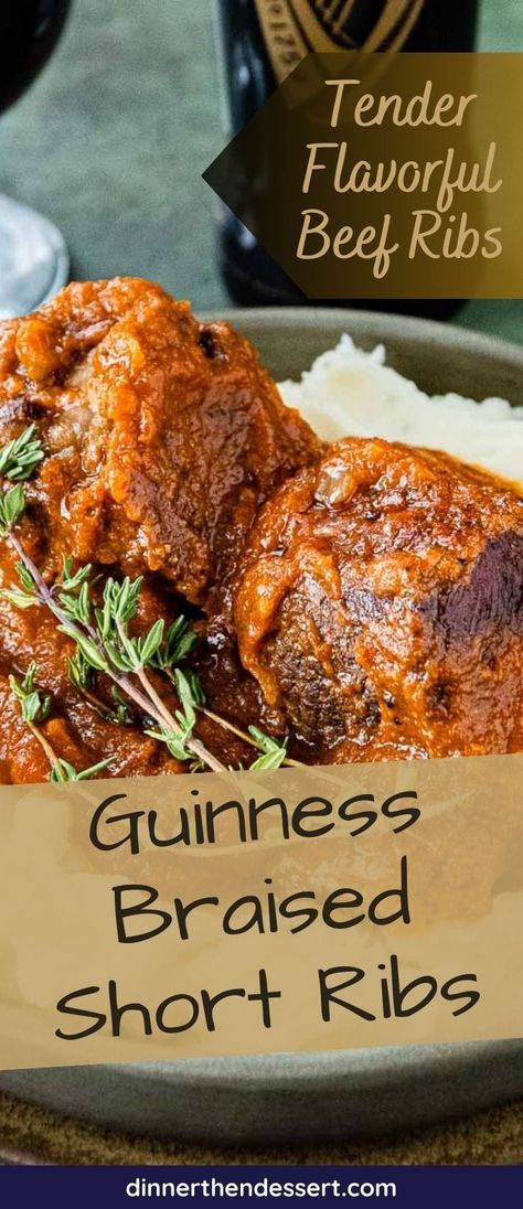 Guinness Braised Short Ribs are fall off the bone tender and juicy! Cooked slowly in stout beer, beef broth, tomatoes, onions, and thyme. Guinness Braised Beef Short Ribs, Braising Beef Short Ribs, Short Rib Braised, Braised Beef Short Ribs Without Wine, Beer Braised Short Ribs, Beer Braised Beef, Bbq Beef Short Ribs, Beef Ribs Recipe, Short Ribs Recipe