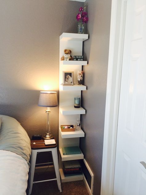 Small bedroom.  LACK shelf from ikea. Ikea Lack Shelf Nightstand, Shelf Small Bedroom, Small Bedroom Corner Decor, Floating Shelves For Small Bedroom, Ikea Lack Shelf Bedroom, Small Bedroom Shelving Ideas, Extra Small Bedroom Ideas, Small Single Bedroom Ideas, Small Shelf Ideas