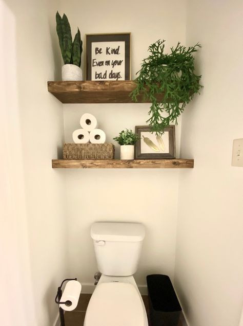 DIY Beginner Floating Shelves Bathroom Shelf Behind Toilet, Simple Toilet Room Ideas, Open Shelves Over Toilet, Open Shelves In Bathroom Above Toilet, Diy Over Toilet Shelf, Diy Wood Bathroom Shelves, Bathroom Floating Shelves Above Toilet Decorating Ideas, Above Toilet Decor Ideas, Wall Shelves Above Toilet