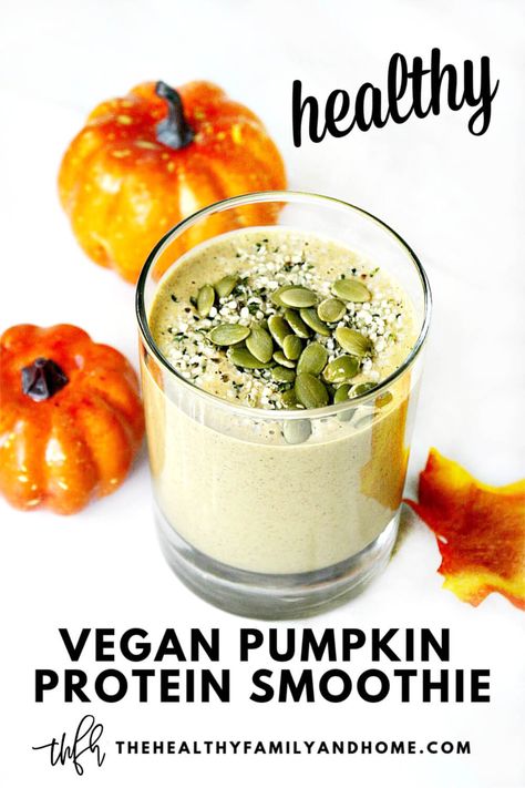 This healthy plant-based Vegan Pumpkin Protein Smoothie is an easy recipe to make using pumpkin puree and spices for the perfect breakfast smoothie. It's made with only 7 clean, real food ingredients including organic plant-based protein and is vegan, gluten-free, dairy-free, soy-free, paleo-friendly and Medical Medium compliant! { The Healthy Family and Home } #pumpkin #smoothie #vegan #protein Using Pumpkin Puree, Paleo Breakfast Smoothie, Pumpkin Protein Smoothie, Healthy Protein Smoothies, Breakfast Favorites, Vegan Paleo Recipes, Pumpkin Protein, Pumpkin Recipes Healthy, Pumpkin Smoothie