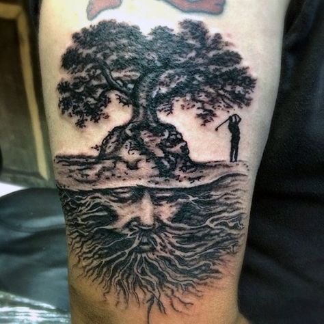 Mens Arms Golfing Under Tree With Wise Man Roots Tattoo Golf Tattoo, Tree Roots Tattoo, Tree Tattoo Arm, Roots Tattoo, Texas Tattoos, Inner Forearm Tattoo, Full Arm Tattoos, Tree Of Life Tattoo, Face Mug