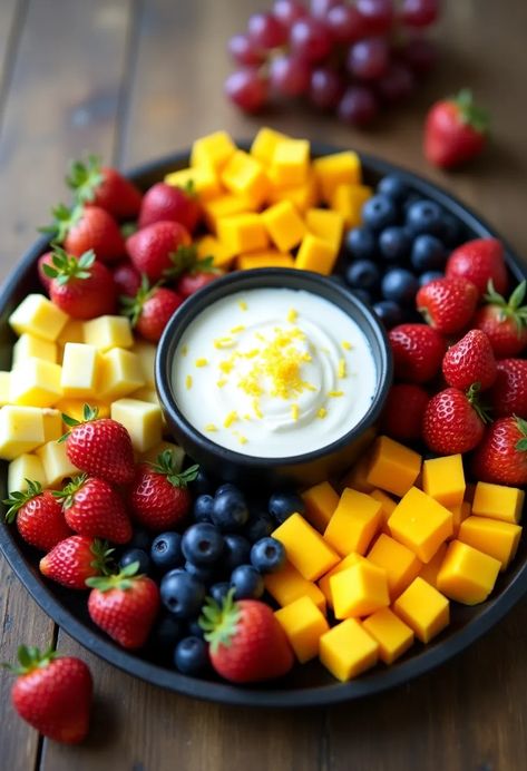 A round platter filled with vibrant fruit sections like strawberries, mango, pineapple, and blueberries surrounding a creamy yogurt bowl, illuminated by soft lighting. Xmas Brunch, Cheese Fruit Platters, Fruit Platters, Creamy Yogurt, Expressions Photography, Yogurt Dip, Summer Snacks, Fruit Bowls, Fresh Summer