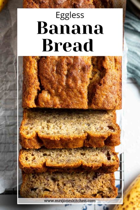 This easy eggless banana bread recipe is soft and moist. Made with oil it can easily be made vegan too, and freezes really well! Gluten Free Egg Free Banana Bread, Banana No Egg Recipes, Egg White Banana Bread, Easy Eggless Muffin Recipes, Banana Bread Recipe With No Eggs, Egg Less Banana Bread, Pumpkin Banana Bread No Eggs, Eggless Banana Bread Muffins, Banana Bread Recipe Egg Free