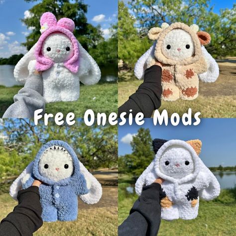 free onesie mods 💗 pdf version available on my kofi shop 🫶🏻 onesie bunny pattern available on my etsy ☁️ 4 free mods you can add to your onesie bunny 🫧 - my melody 🎀 - cow 🐮 - shark 🦈 - calico cat 🐈 This is simply a mod and does not come with instructions on how to make the bunny or the onesie. These are edits for my original onesie bunny pattern that you must own in order to achieve this finished product. All interactions are very much appreciated! 🫶🏻💕 #crochet #amigurumi #crochetbunny... Crochet Toothless, Onesie Pattern, Crocheted Cow Pattern, Crochet Shark, Easy Crochet Animals, Crochet Eyes, Crochet Tutorial Pattern, Crochet Bunny Pattern, Cute Sewing Projects