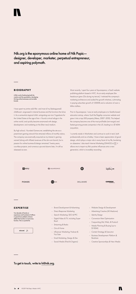 Lovely minimal One Pager with resume-style for NY based digital marketer, Nik Papic. Cv Website, Minimalist Web Design, One Pager, Marketing Concept, Text Layout, Web Inspiration, Minimal Web Design, Editorial Layout, Website Layout