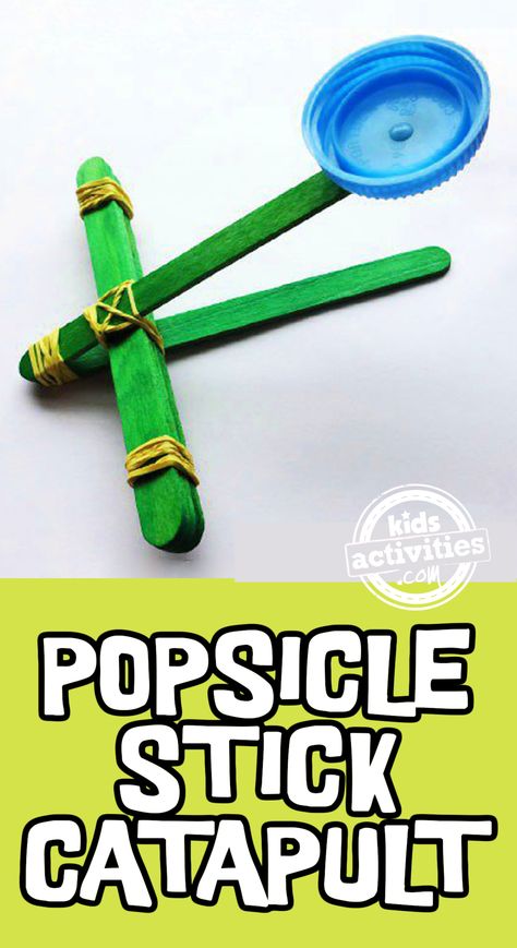 Text: Popsicle stick catapult - Kids activities Blog - finished catapult craft made with green popsicle sticks and a recycled water bottle cap on white background Popsicle Catapult, Catapults For Kids, Catapult Craft, Catapult For Kids, Diy Catapult, Popsicle Stick Catapult, Kids Stem Activities, Theme Activities, Kids Things To Do