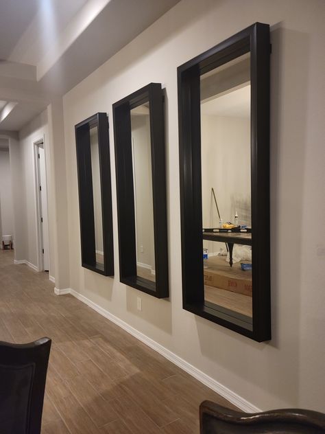 Large Mirror Entryway, Spa Hallway, Ikea Mirror Wall, Entry Hallway Ideas, Ikea Mirrors, Foyer Mirror, Mirror Hallway, Giant Mirror, Staircase Landing