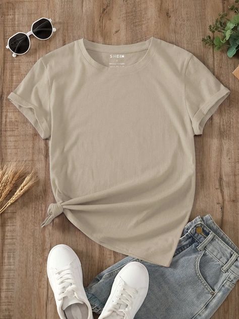 Khaki Casual Collar Short Sleeve Fabric Plain  Embellished Slight Stretch  Women Clothing Brown Tshirt Outfit, Plain Tee Shirts, Beige T Shirts, Beige Outfit, Latest T Shirt, Round Neck Tees, Coffee Shirts, Tshirt Outfits, Trending Tshirts