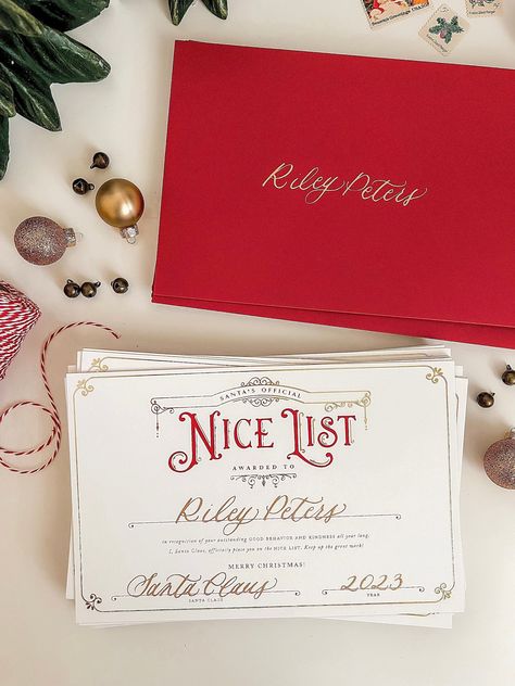 "Bring the magic of Santa alive this Christmas with an Official Nice List Certificate personalized with your child's name! Your little one won't believe their eyes when they receive this official certificate signed by Santa Claus himself delivered straight from the North Pole! The certificate is gold foil stamped on heavy cardstock and arrives sealed in a red envelope. Your child's name, Santa's signature and the date will all be hand calligraphed onto the certificate in gold metallic ink. The e Santa Meet And Greet Ideas, Santa Stationary, Santa Certificate, Christmas Certificate, Official Nice List Certificate, Santa Nice List Certificate, Santa Nice List, Christmas Letter From Santa, Envelope Christmas