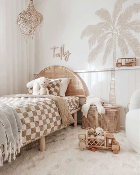 20 Coastal Kids Bedroom Decor Ideas » Lady Decluttered Palm Tree Decals, Coastal Kids Bedroom, Boho Kids Bedroom, Neutral Kids Bedroom, Surf Room Decor, Rattan Lamp Shade, Surf Room, Toddler Boy Room Decor, Boys Bedroom Makeover