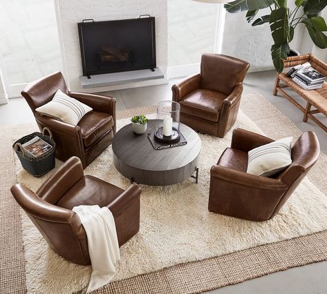 Bar Lounge Room, Whiskey Room, Wool Jute Rug, Round Wood Coffee Table, Leather Swivel Chair, Reclaimed Wood Coffee Table, Leather Chairs, Hans Wegner, Game Table