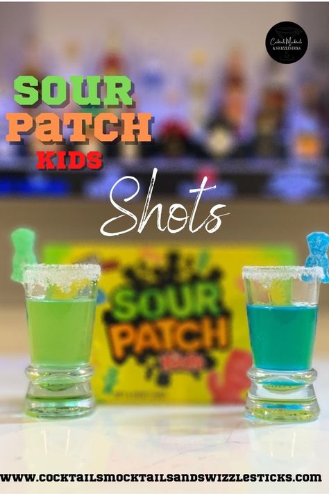 This image shows a green and a blue shot with a white rim and a sour patch kid garnish. The background shows a blurry box of sour patch kids. Candy Shots, Vodka Sour, Sour Drink, Candy Cocktails, Shots Alcohol, Vodka Shots, Cocktail And Mocktail, Kid Drinks, Infused Vodka