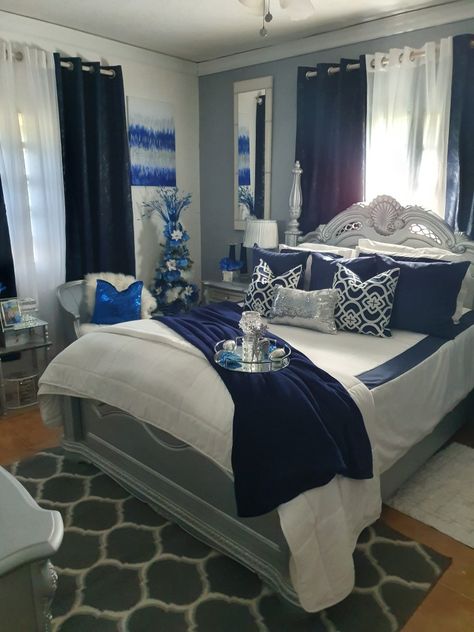 Royal Blue And Gray Bedroom Ideas, Navy Blue White And Silver Bedroom Decor, Blue Silver Bedroom Ideas, Blue Black And Silver Bedroom Ideas, Black Grey And Blue Bedroom, Blue And Gray Bedroom Ideas Decorating, Royal Blue And White Bedroom Ideas, Royal Blue Bedroom Ideas For Women, Royal Blue And Gray Bedroom