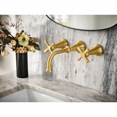 This is a highly distinctive suite that perfectly complements any bath by providing a wide décor style reach depending on its finish. With different finishes, this faucet is tailored to traditional, it’s the epitome of glamour or it defines industrial chic. Its name is inspired by “colonnette,” which is a small, slender column in architectural design. Finish: Brushed Gold | Moen Colinet Wall Mounted Bathroom Faucet in Yellow, Size 4.25 H x 9.125 D in | Wayfair Bathroom Faucets Wall Mount, Moen Colinet, Wall Mounted Bathroom Faucet, Wall Mount Bathroom Faucet, Touchless Faucet, Wall Mount Faucet Bathroom, Vessel Faucets, Waterfall Faucet, Plumbing Bathroom