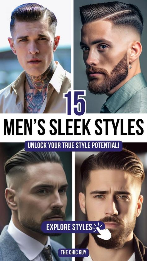 15 Stylish Slicked-Back Hairstyles Every Man Should Try Men’s Slick Back Haircut, Brushback Hairstyle Men, Slick Back Fade, Mens Slicked Back Hairstyles, Slick Backs, Slick Back Haircut, Men Tips, Mens Hair Trends, Slicked Back Hair