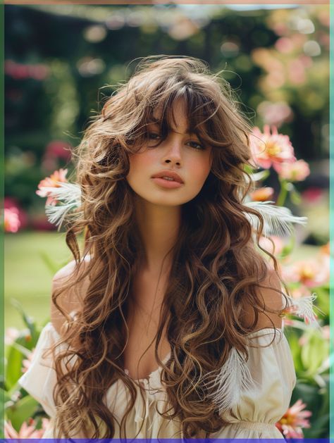 Long Curly Haircuts Round Face, Hair Styles Curtain Bangs Curly, Hairstyles On Wavy Curly Hair, Best Long Curly Haircut, Long Bangs For Wavy Hair, Curly Brown Hair With Curtain Bangs, Curly Long Layers With Curtain Bangs, Bangs On Long Curly Hair, Curly Hair Long Haircut