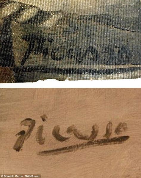 Pictured is the Picasso signature on Mr Currie's painting, compared to the artist's signature on a genuine painting Picasso Signature, Picasso Paintings, Artist Signatures, Old Paintings, Artist Names, Pablo Picasso, Monogram