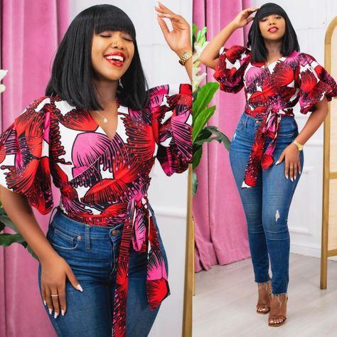 Nice Ankara Tops For Ladies, African Print Blouses For Women, Chitenge Tops On Jeans, Kitenge Tops With Jeans, Ankara Crop Tops With Jeans, Ankara Wrap Top Styles, Kitenge Tops Designs, African Tops For Women Ankara, Ankara Blouse Styles For Jeans