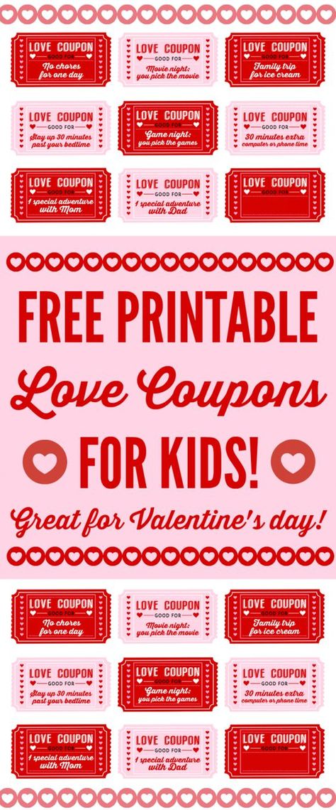 Free printable Love coupons for kids on Valentine's Day. This is a great way to show your kids how much you love them with free trips to the ice cream store and stay up late coupons. So fun! See more Valentine's Day party ideas and free printables at CatchMyParty.com. Printable Love Coupons, Love Coupons For Him, Valentines Bricolage, Valentinstag Party, Valentine's Day Printables, Valentines Coupons, Coupon Template, Valentines Printables Free, Boyfriend Diy