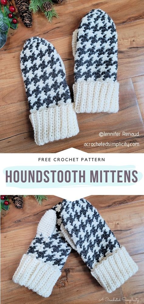 Wonderful Chunky Mittens - Free Crochet Patterns Houndstooth Crochet Pattern Free, Crochet Houndstooth Pattern, Slouchy Hat Crochet Pattern, Crochet Mittens Pattern, Crochet Needles, Crochet Mittens, Crochet Gloves, Houndstooth Pattern, Mittens Pattern