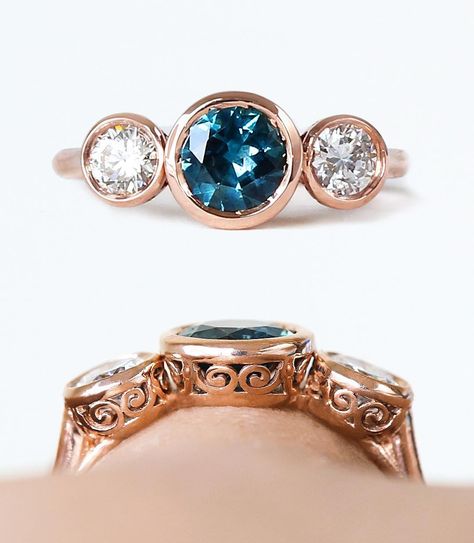 S. Kind & Co (@skindco) • Instagram photos and videos Scroll Engagement Ring, Circle Symbol, Vintage Art Deco Rings, Bezel Engagement Ring, Scroll Work, Vintage Engagement Ring, Blue Sapphire Ring, Bezel Ring, Montana Sapphire