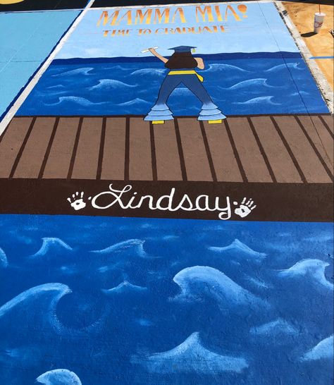 Last weekend i painted a parking spot with a high school senior. Shes a big Mama Mia fan and this was our hand painted end result.  I’ll post a few up close shots in the comments 💙💙💙 Mama Mia Parking Spot Painting, Blue Senior Parking Spot, Senior Parking Spaces Beach Theme, Mamma Mia Parking Spot Painting, Mama Mia Parking Spot, Mamma Mia Parking Spot, Mamma Mia Senior Parking Spot, Mamma Mia Painting, Senior Spots Painting