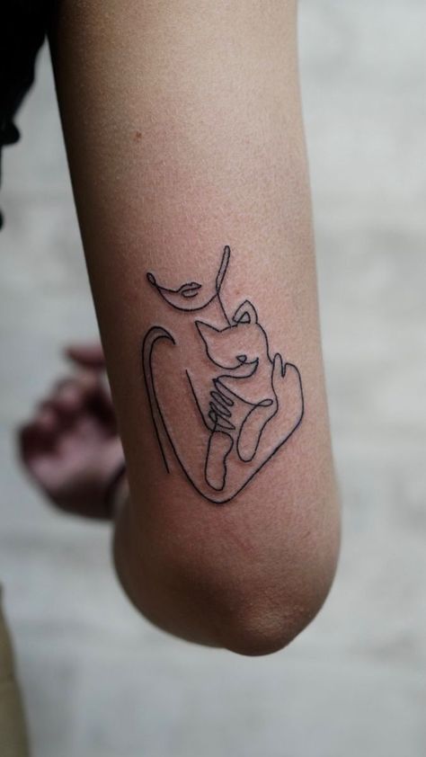 Patchwork Tattoo Ideas Cat, Cat Soulmate Tattoo, Multi Cat Tattoo, Cat Lover Tattoo Minimalist, Skeleton And Cat Tattoo, Cat And Human Tattoo, Cat And Owner Tattoo, Subtle Cat Tattoo, Tattoos For Your Cat