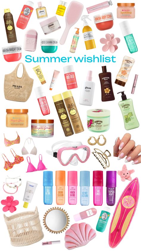 Summer wishlist🌞 #wishlist #wishlists #summer #summeraesthetic #summer2024 #makeup #soldejaneiro #skincare Wishlist Summer, Summer Gift Baskets, Girl Wishlist, Preppy Wall Collage, Makeup Collage, Girly Christmas Gifts, Beach Makeup, Summer Wishlist, Pool Essentials