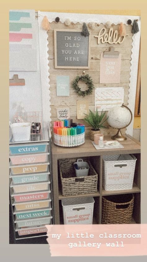 Small Group Office Space, Class Desk Organization, Small Space Classroom Ideas, Teacher’s Desk Organization, Daycare Teacher Desk Ideas, Bulletin Board In Classroom, Pretty Classroom Ideas, Elementary Desk Organization, Behind Teacher Desk Organization