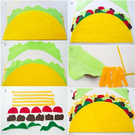 hello, Wonderful - DIY NO-SEW FELT TACO COSTUME FOR KIDS Food Costumes For Kids, Felt Taco, Taco Halloween Costume, Taco Costume, Sew Felt, Halloween School Treats, Dragons Love Tacos, Felt Kids, Fairy Halloween Costumes