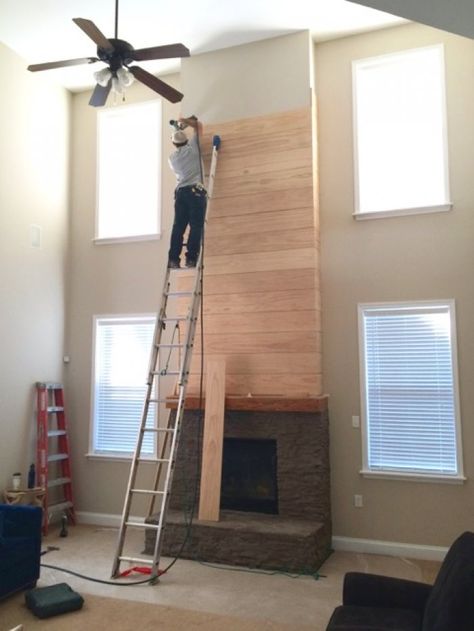 Natural Wood Shiplap Fireplace Wall, Shiplap 2 Story Fireplace, Diy 2 Story Fireplace, 2 Story Shiplap Fireplace Wall, 2 Story Fireplace Makeover, Tall Fireplace Makeover, 2 Story Fireplace Ideas With Tv, 2 Story Fireplace Wall, Fireplace 2 Story