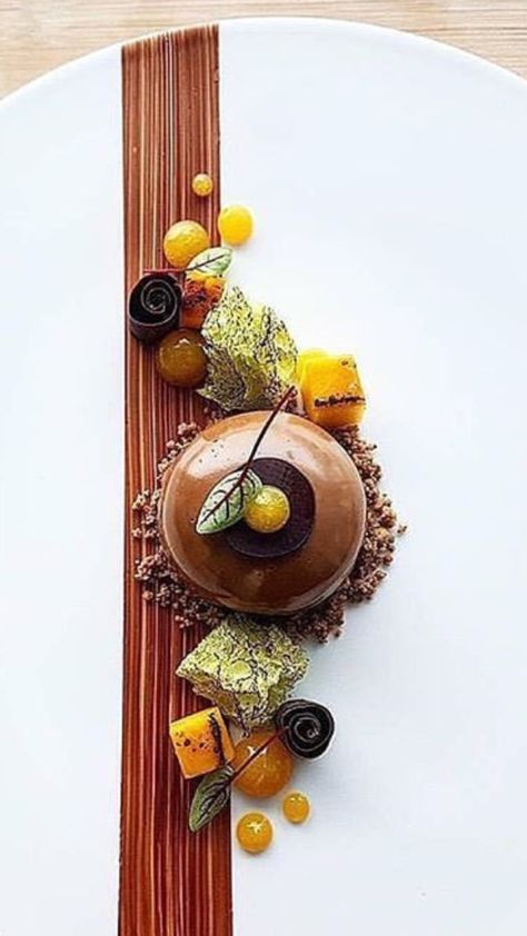 DESSERT CHOCOLAT Plating Desserts Ideas Presentation, Gourmet Dessert Plating, Dessert Plating Presentation, Chocolate Plated Desserts, Chocolate Dome Dessert, Dessert Presentation Ideas, Dessert Plating Ideas, Dessert Decorating Ideas, Fine Dining Dessert