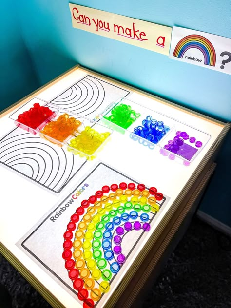 Diy Light Table Activities, Kindergarten Light Table, Light Table Ideas For Kindergarten, Light Table Kindergarten, Light Table Activities Preschool, Light Table Ideas For Preschoolers, Table Top Activities For Preschoolers, Preschool Light Table, Rainbow Preschool Activities