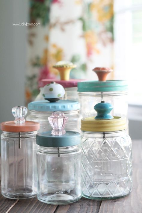 Acrylic paint. Foam brushes. Sealer. Old food jars recycled or mason jars. Drill and bit. Assortment of knobs. ขวดโหล Mason Jar, Upcycle Jars, Mason Jar Storage, Diy Jar, Mason Jar Projects, Jars With Lids, Diy Jar Crafts, Jar Storage, Mason Jar Crafts Diy