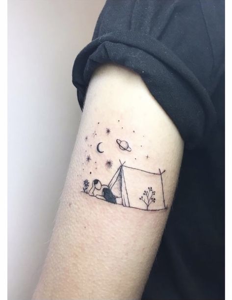 Camping Tatoo, Tent Tattoo, Camping Tattoo Ideas, Tattoo Camping, Arm Patchwork, Hiking Tattoos, Witch Tattoos, Semi Colon Tattoo, Personal Tattoos