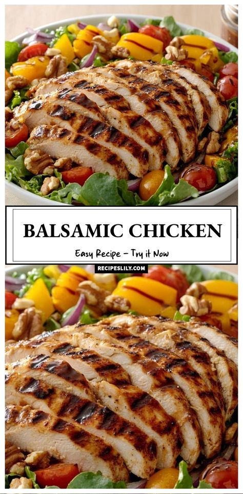 I can't get enough of this Balsamic Chicken! Grilled to perfection, it sits atop a fresh bed of greens mixed with juicy tomatoes, sweet peppers, and crunchy walnuts. Drizzled with a tangy balsamic dressing, every bite bursts with flavor. This easy recipe is perfect for a quick lunch or a light dinner. Let's indulge in this delightful dish! Balsamic Chicken Salad, Balsamic Chicken Recipe, Balsamic Chicken Recipes, Chicken Recipe Easy, Balsamic Chicken, Balsamic Dressing, Recipe Simple, Quick Chicken, Stuffed Whole Chicken