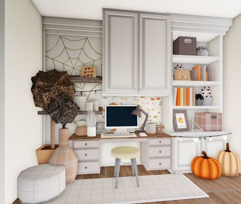 Autumn Bedroom / Bloxburg Build / Cute / Pumpkin / October / Aesthetic / Bedroom / White / Brown / Grey / Orange Bloxburg Autumn House One Story, Build Cute, Bloxburg Layout, Autumn Bedroom, Xmas House, October Aesthetic, Autumn House, Fall Bloxburg, Yellow Desk