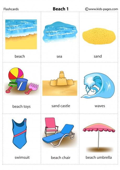 Beach 1 flashcard Summer Flashcards, Learning English For Kids, Hobbies To Try, Flashcards For Kids, English Vocab, Kids Pages, Kids English, Printable Flash Cards, English Activities