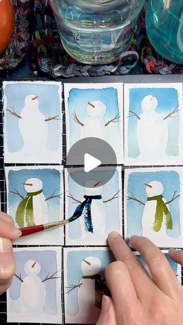 Christmas Illustrations Simple, Watercolor Snowman Tutorial, Winter Watercolor Simple, Watercolor Timelapse, Watercolor Snowmen, Watercolor Snowman, Watercolor Christmas Cards Diy, Charming Personality, Winter Artwork