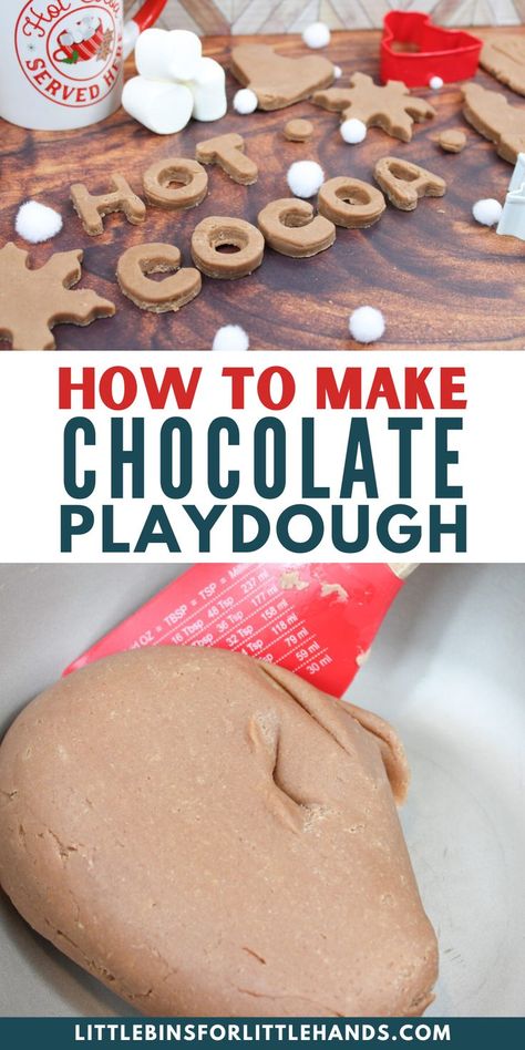 How to make this homemade Chocolate Playdough recipe. This easy Chocolate Playdough recipe brings hot cocoa and sensory play together! This is such a fun indoor activity this winter for kids of all ages. Get the playdough recipe and activty ideas! Chocolate Playdough Recipe, Chocolate Playdough, Chocolate Slime, Play Bakery, Homemade Slime Recipe, Easy Kid Activities, Playdough Activities, Homemade Slime, Playdough Recipe