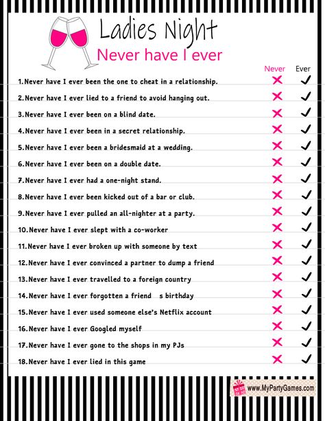 Free Printable Never Have I Ever, Ladies Night Game Best Games For Adult Game Night, Ladies Night Games Free Printable, Games For Girls Night Adults, Funny Party Games For Adults Hilarious, Ladies Night Party Games, Never Have I Ever Game, Kid Holiday Games, Games For Ladies Night, Housewarming Games