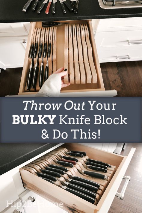 Cutco Knife Storage, Kitchen Drawer Organization Knives, Unique Knife Block, Knife Kitchen Storage, Knives In Drawer, Kitchen Knife Drawer, Knives Storage Ideas, Knife Storage Kitchen, Knife Set Kitchen Counter