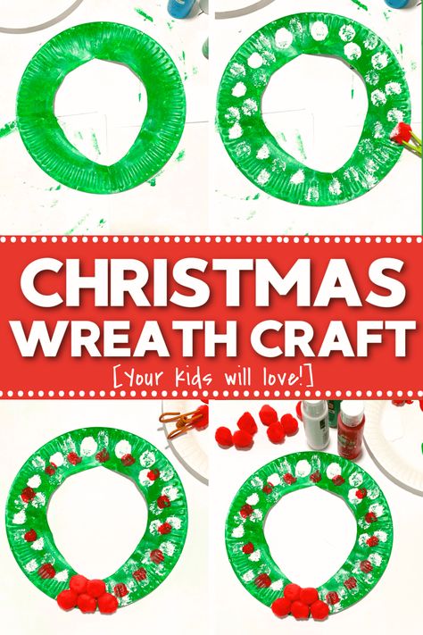 Are you looking for an easy Christmas wreath craft for kids? We've got a simple paper plate wreath craft for toddlers and preschoolers! This fun fine motor activity is perfect for Christmas week activities and holiday lesson plans! Christmas art activity for preschoolers! Christmas Craft Plates For Kids, Paper Plate Wreath Craft, Christmas Wreath Activity For Kids, Toddler Christmas Wreath Craft, Christmas Wreath Art For Kids, Christmas Wreaths Craft, Christmas Wreath Crafts For Toddlers, Paper Plate Wreaths For Kids Christmas, Paper Plate Ornaments Kids Crafts